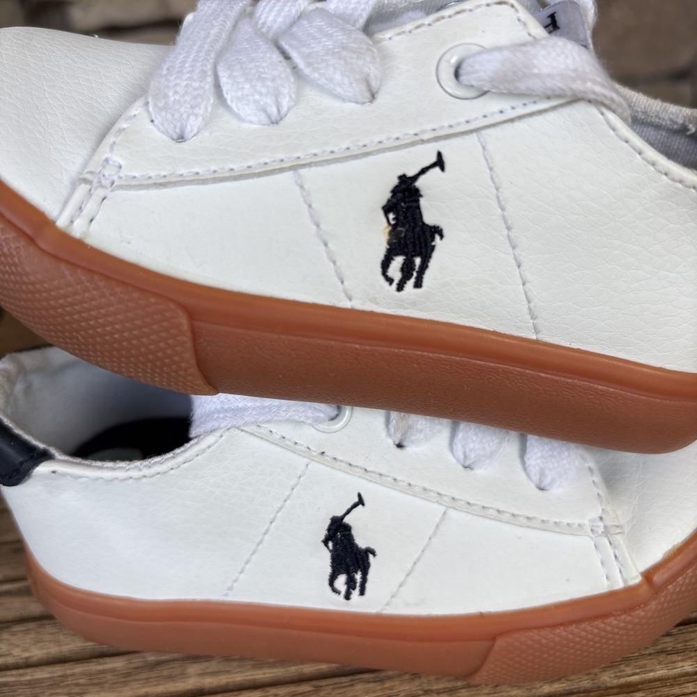 Polo Ralph Lauren Toddler Unisex Sneakers Shoes White Blue Trim Sz 6 Lace Up